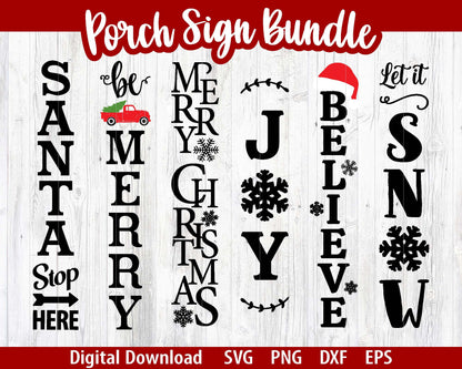 Christmas Porch Sign SVG Bundle, 6 designs, Cricut cut file, Silhouette cut file, Porch leaner vertical sign svg, Holiday porch decor files