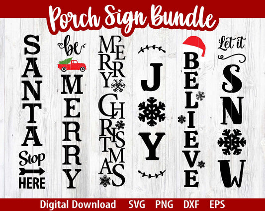 Christmas Porch Sign SVG Bundle, 6 designs, Cricut cut file, Silhouette cut file, Porch leaner vertical sign svg, Holiday porch decor files