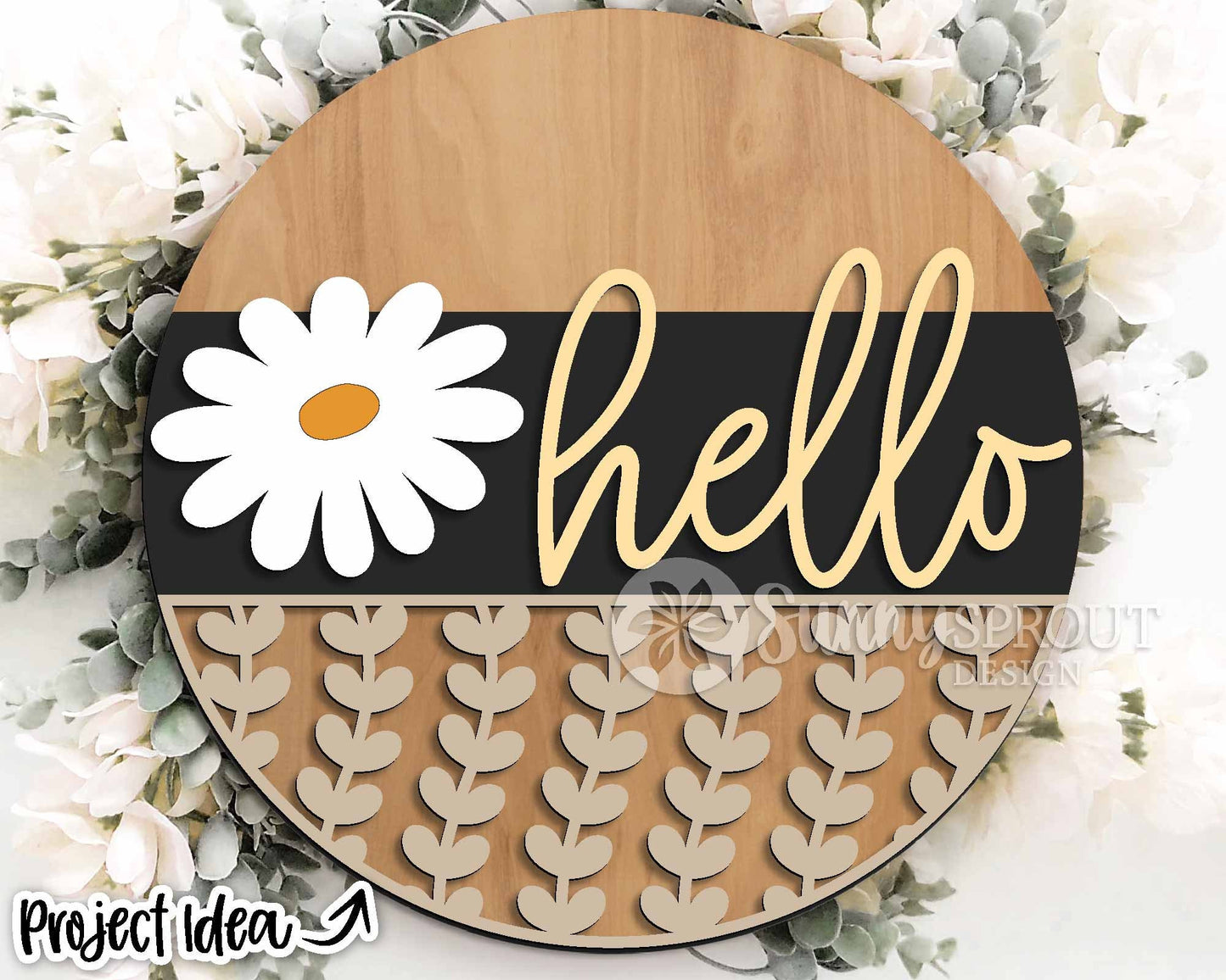 Hello Daisy Flower & Vine Sign, Digital download, SVG Laser cut file, Cricut, Round door hanger design, Spring summer floral decor