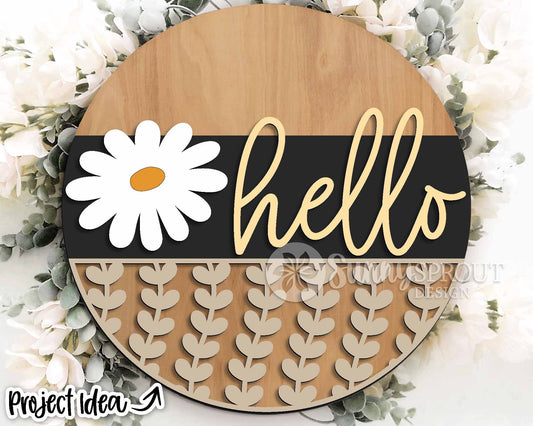 Hello Daisy Flower & Vine Sign, Digital download, SVG Laser cut file, Cricut, Round door hanger design, Spring summer floral decor