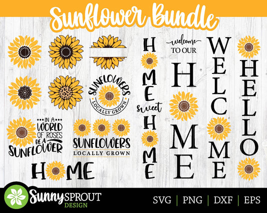 Sunflower SVG File Bundle, Cricut svg cut file, Silhouette cut file, Welcome porch sign designs, Includes 13 designs, Summer flower svg