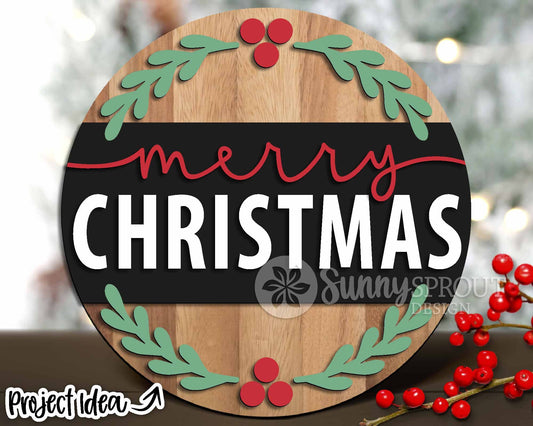 Merry Christmas Holly Sprig Sign, Digital Download, SVG Laser Cut File, Cricut, Modern Round Door Hanger Design
