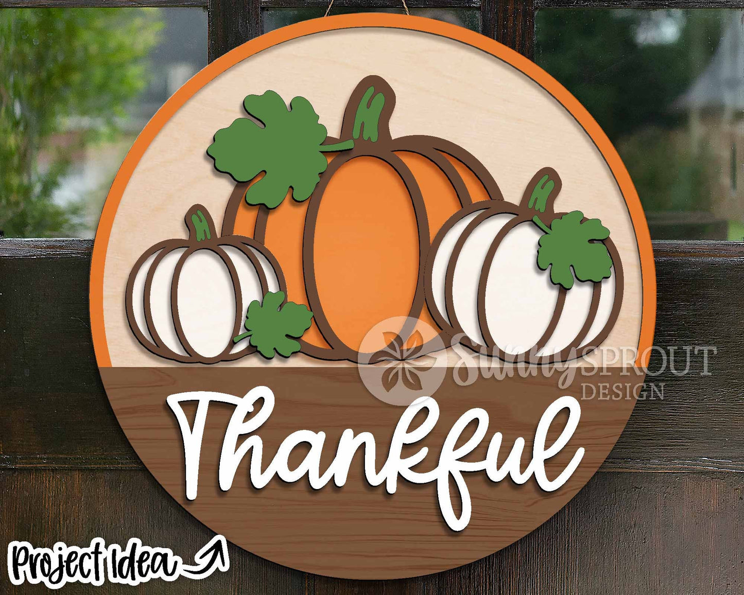 Thankful Three Pumpkins Sign, Digital Download, SVG Laser Cut File, Cricut, Round Thanksgiving Fall Door Hanger Design