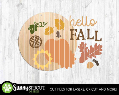 Hello Fall Pumpkin Sunflower Leaves Sign, Digital Download, SVG Laser Cut File, Cricut, Round Door Hanger Design
