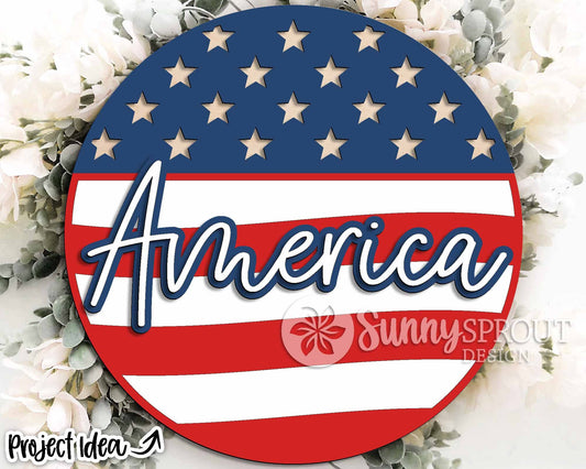 America Flag Round Sign, Digital Download, SVG Laser Cut File, Cricut, Round Door Hanger Design, Patriotic 4th of July Decor
