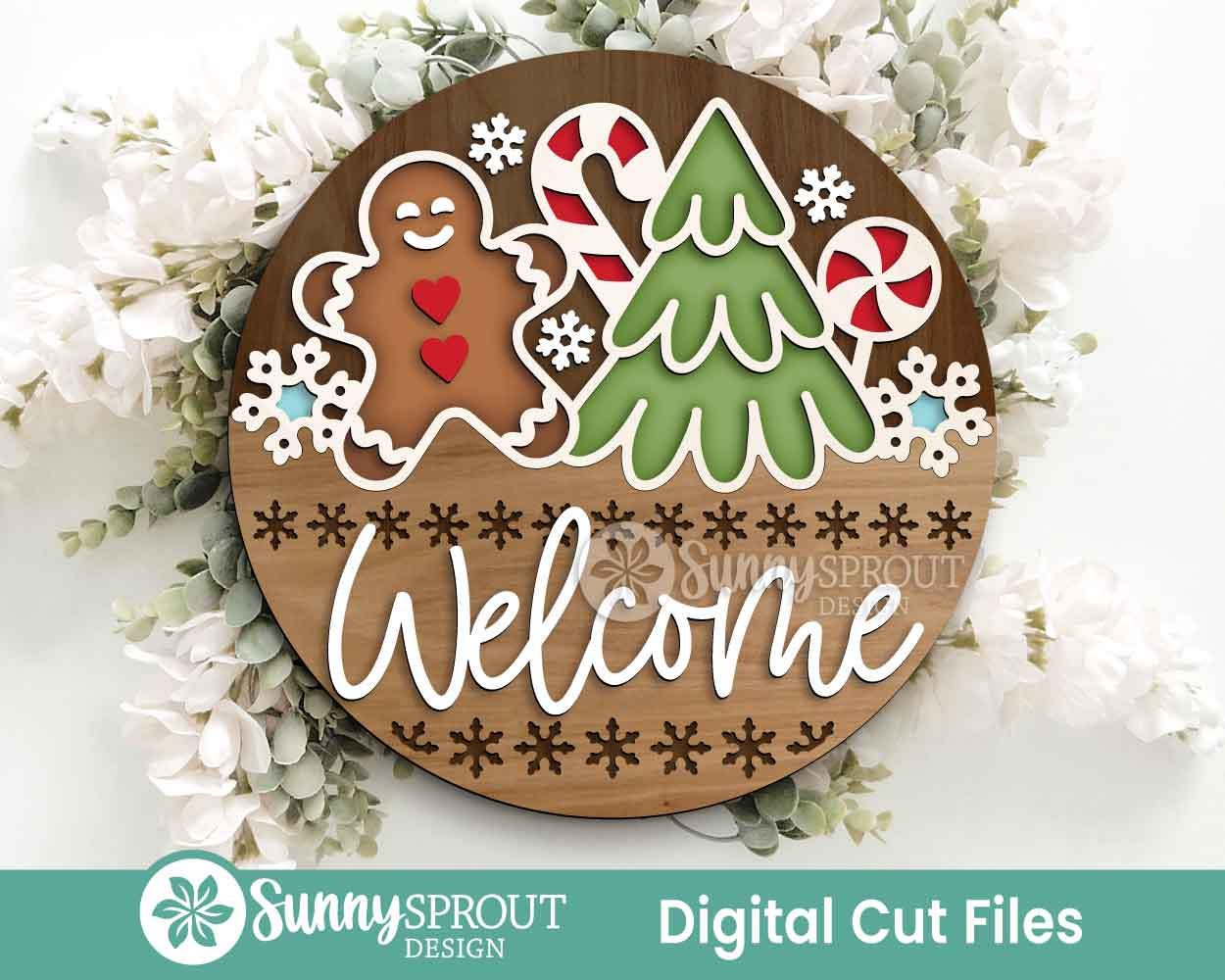 Welcome Christmas Things Outline Sign, Digital Download, SVG Laser Cut File, Cricut, Round Door Hanger Design