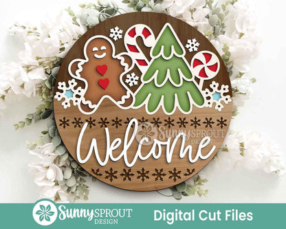 Welcome Christmas Things Outline Sign, Digital Download, SVG Laser Cut File, Cricut, Round Door Hanger Design