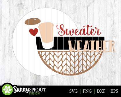 Sweater Weather Latte Sign, Digital Download, SVG Laser Cut File, Cricut, Round Fall Door Hanger Design