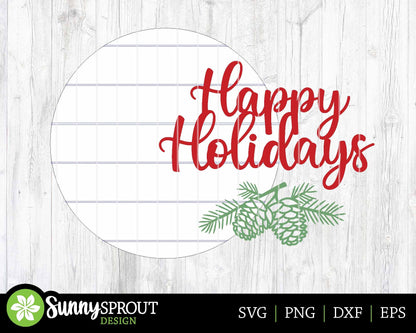 Happy Holidays Pine Branch Sign, Digital Download, SVG Laser Cut File, Cricut, Round Door Hanger Design, Christmas Decor