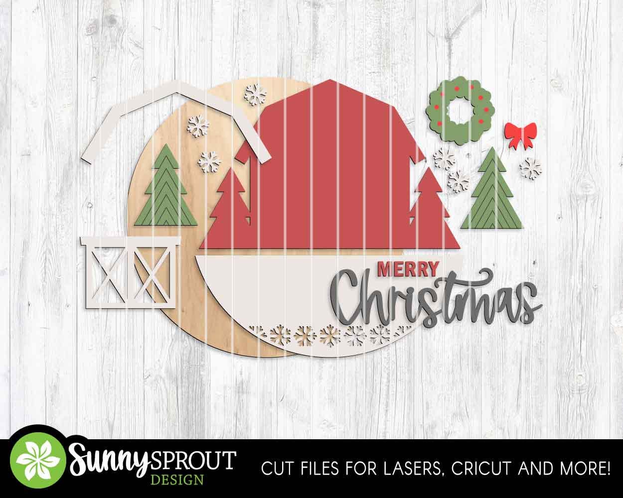 Merry Christmas Barn Wreath Sign, Digital download, SVG laser cut file, Cricut, Round door hanger design, Farmhouse decor