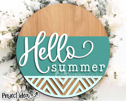 Hello Summer Geometric Sign, Digital Download, SVG Laser Cut File, Cricut, Modern Round Door Hanger Design