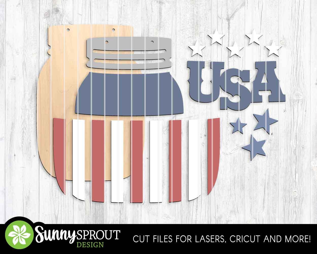 4th of July Patriotic Mason Jar Sign Bundle, Door hanger svg, Glowforge laser cut file, Cricut, Summer welcome sign svg