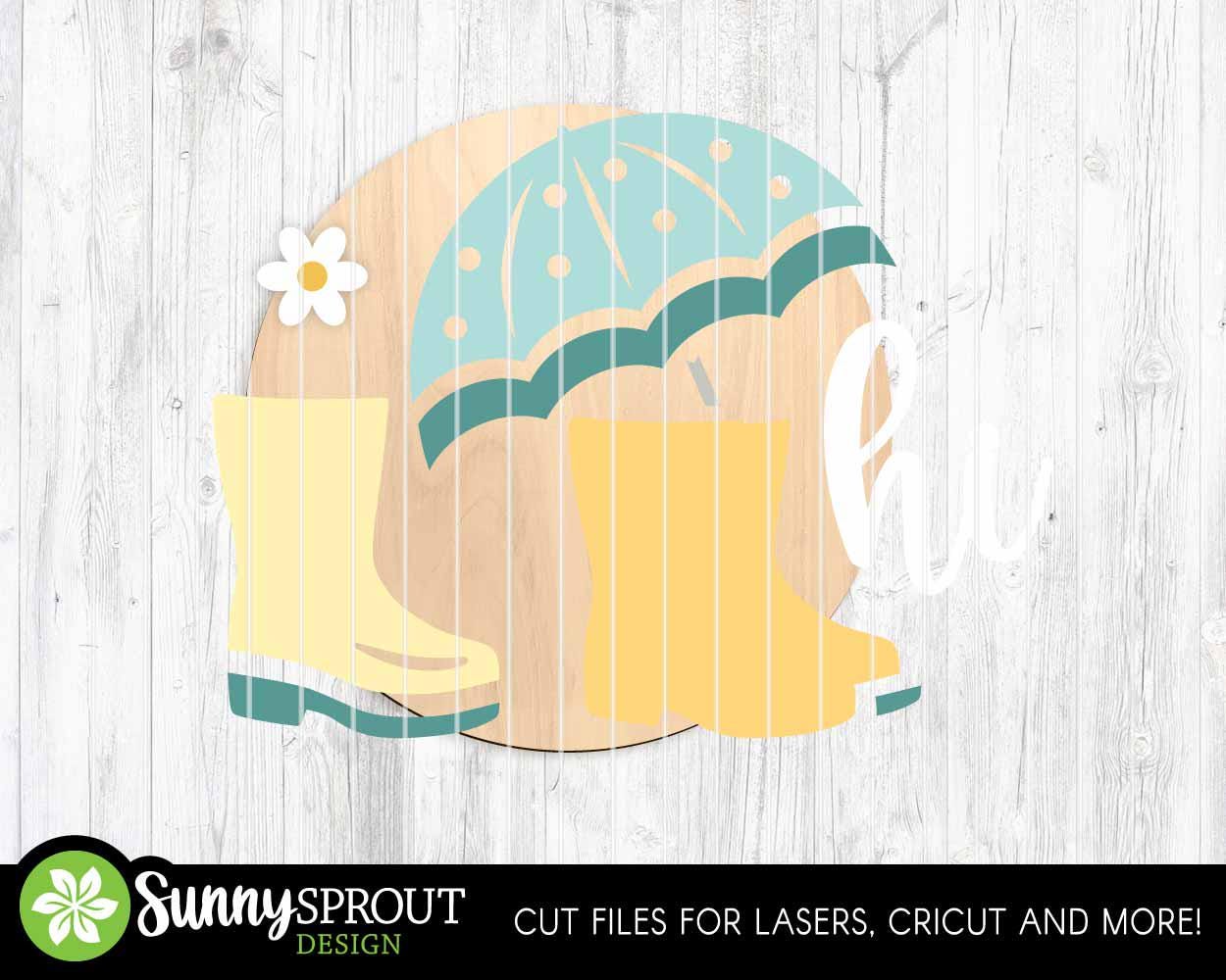Hi Rain Boots Umbrella Sign, Digital download, SVG Laser cut file, Cricut, Round door hanger design, Spring decor