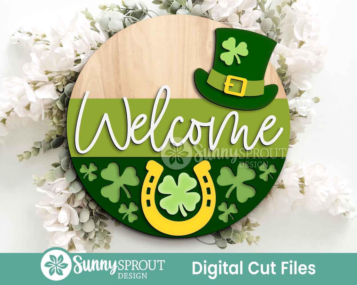 Clover Horseshoe Welcome Sign, Digital Download, SVG Laser Cut File, Cricut, Round Door Hanger Design, St. Patrick's Day Decor