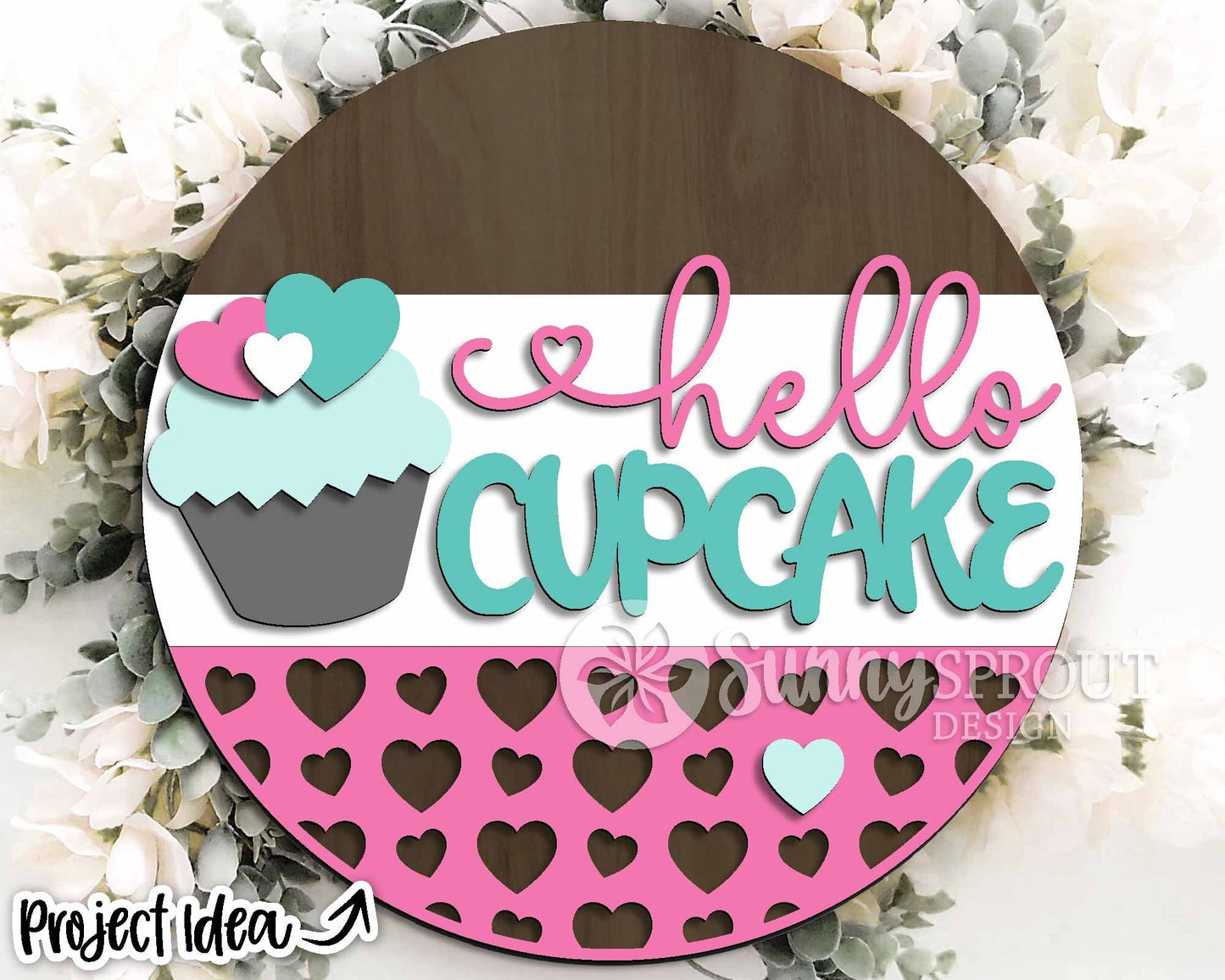 Hello Cupcake Hearts Welcome Sign, Digital Download, SVG Laser Cut File, Cricut, Round Door Hanger Design, Valentine's Day Decor