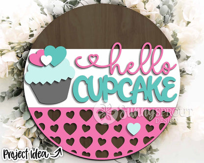 Hello Cupcake Hearts Welcome Sign, Digital Download, SVG Laser Cut File, Cricut, Round Door Hanger Design, Valentine's Day Decor