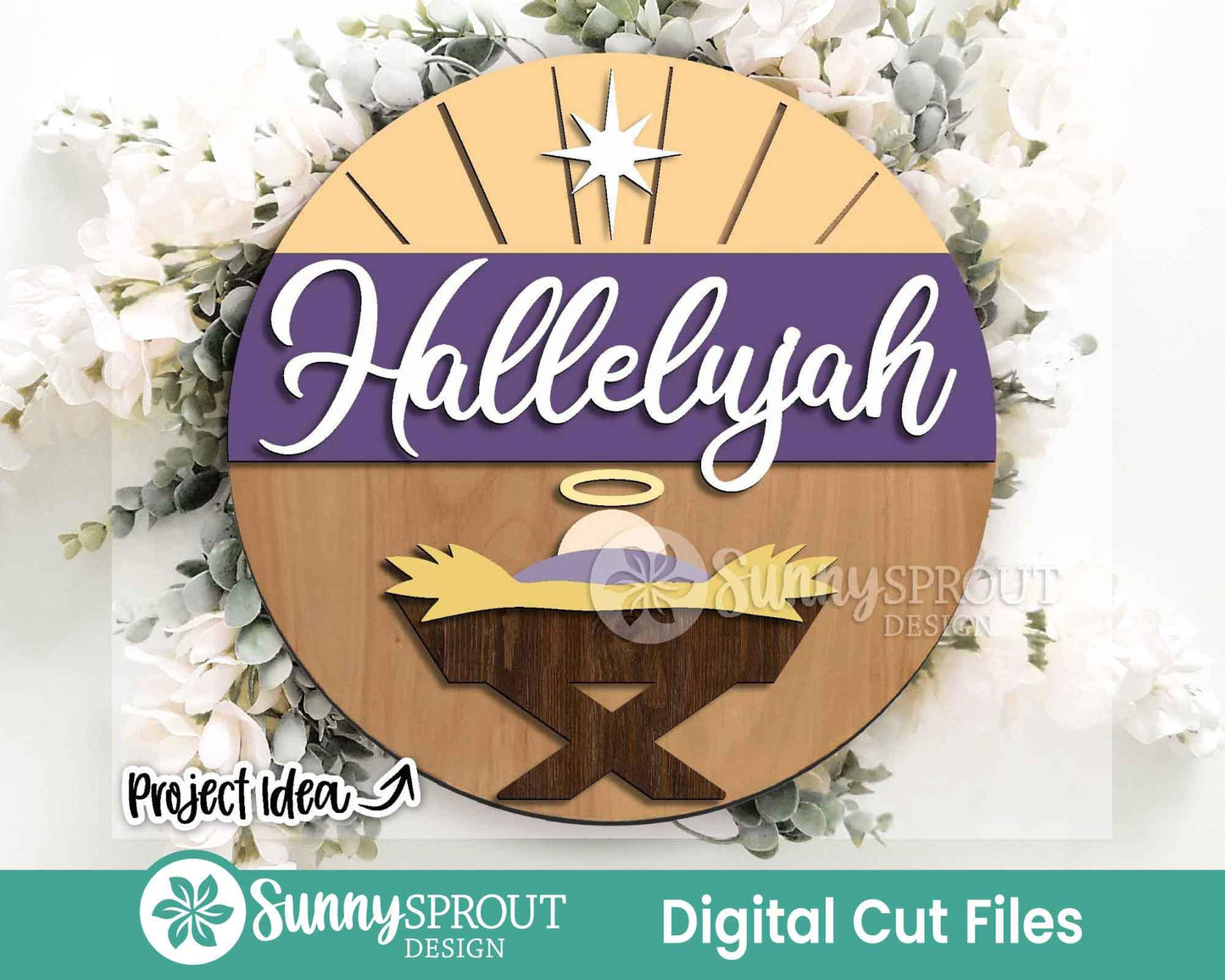 Hallelujah Baby Jesus Sign, Digital Download, SVG Laser Cut File, Cricut, Round Door Hanger Design, Christmas Nativity Decor