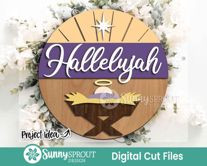 Hallelujah Baby Jesus Sign, Digital Download, SVG Laser Cut File, Cricut, Round Door Hanger Design, Christmas Nativity Decor