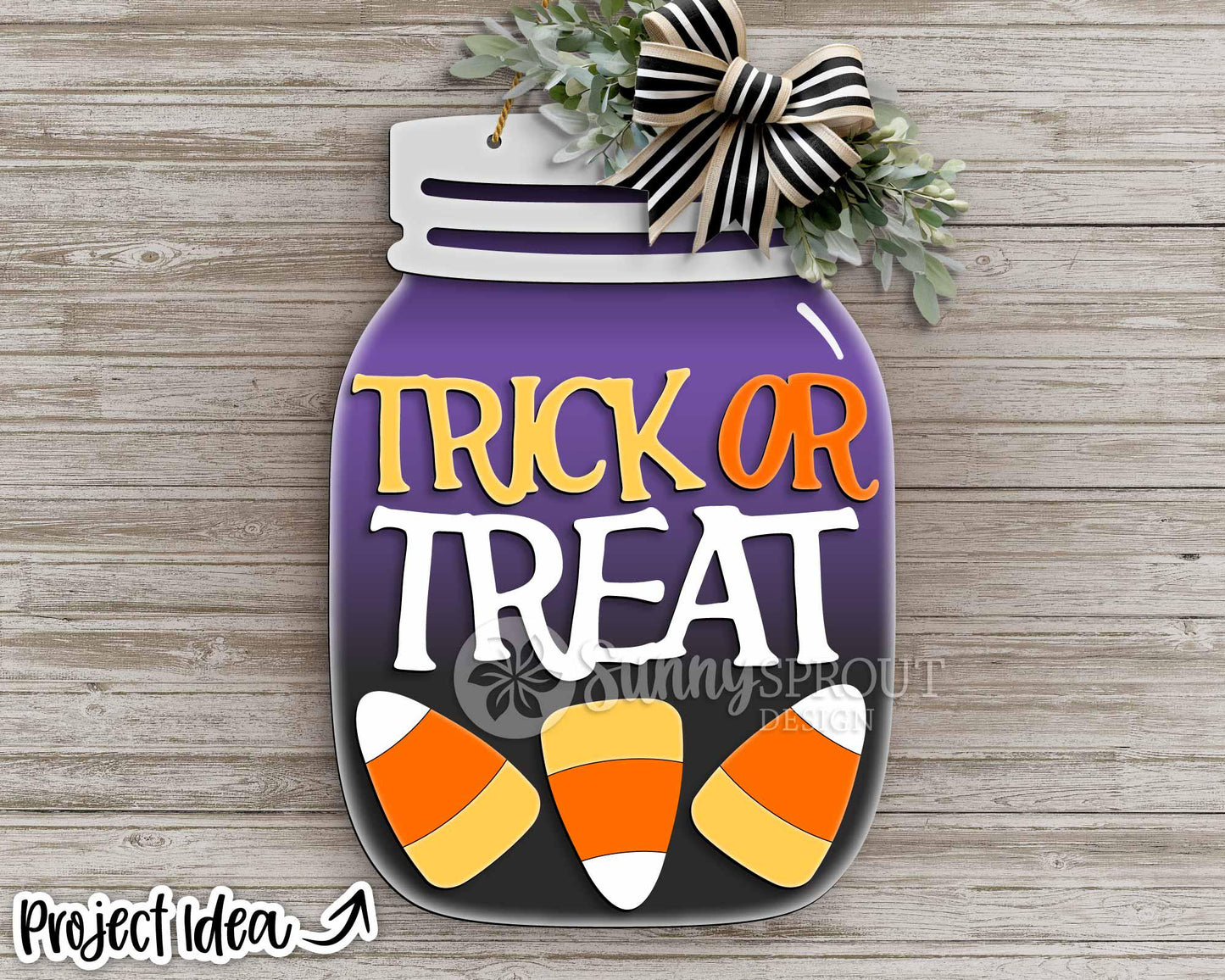 Trick Or Treat Candy Corn Mason Jar Sign, Digital Download, SVG Laser Cut File, Cricut, Halloween Door Hanger Design