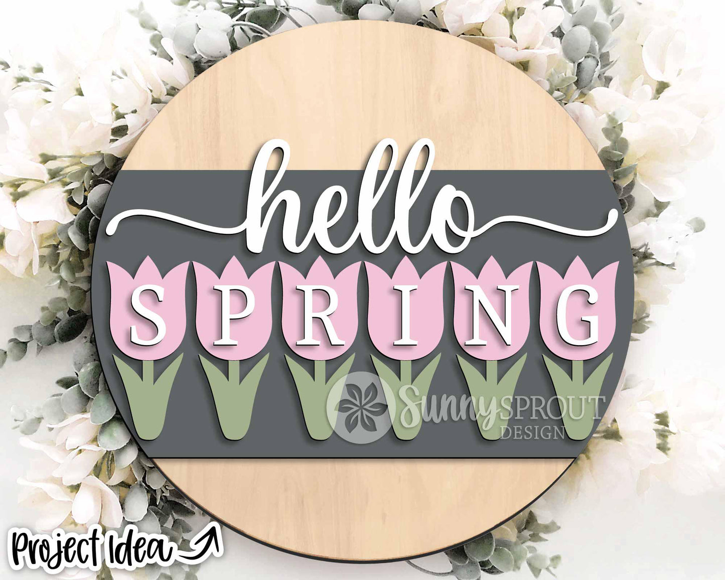 Hello Spring Tulip Flowers Sign, Digital download, SVG Laser cut file, Cricut, Round door hanger design