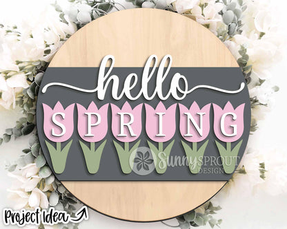 Hello Spring Tulip Flowers Sign, Digital download, SVG Laser cut file, Cricut, Round door hanger design