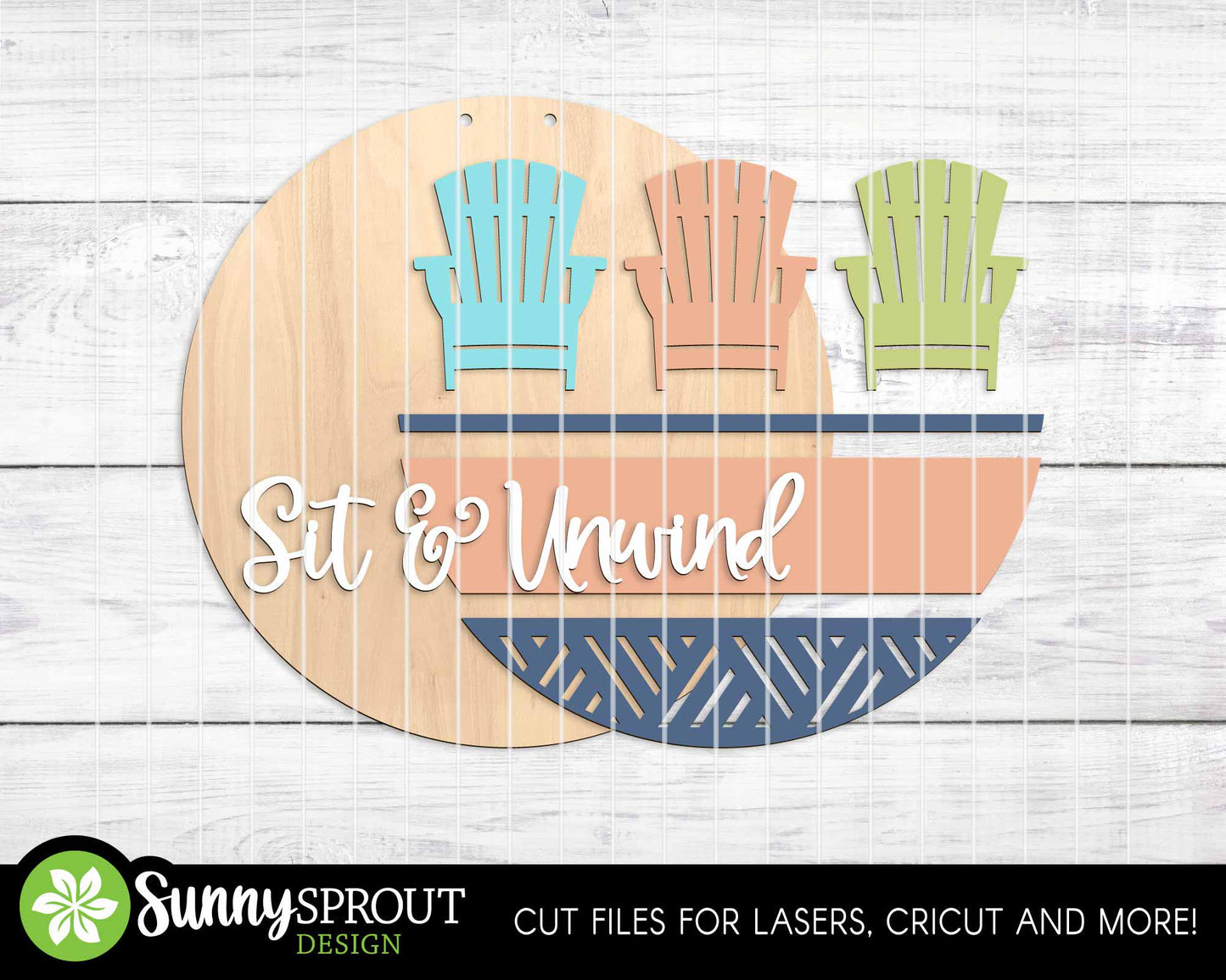 Relax & Unwind Adirondack Chair Sign, Digital Download, SVG Laser Cut File, Cricut, Summer Patio Camping Beach Round Door Hanger Design