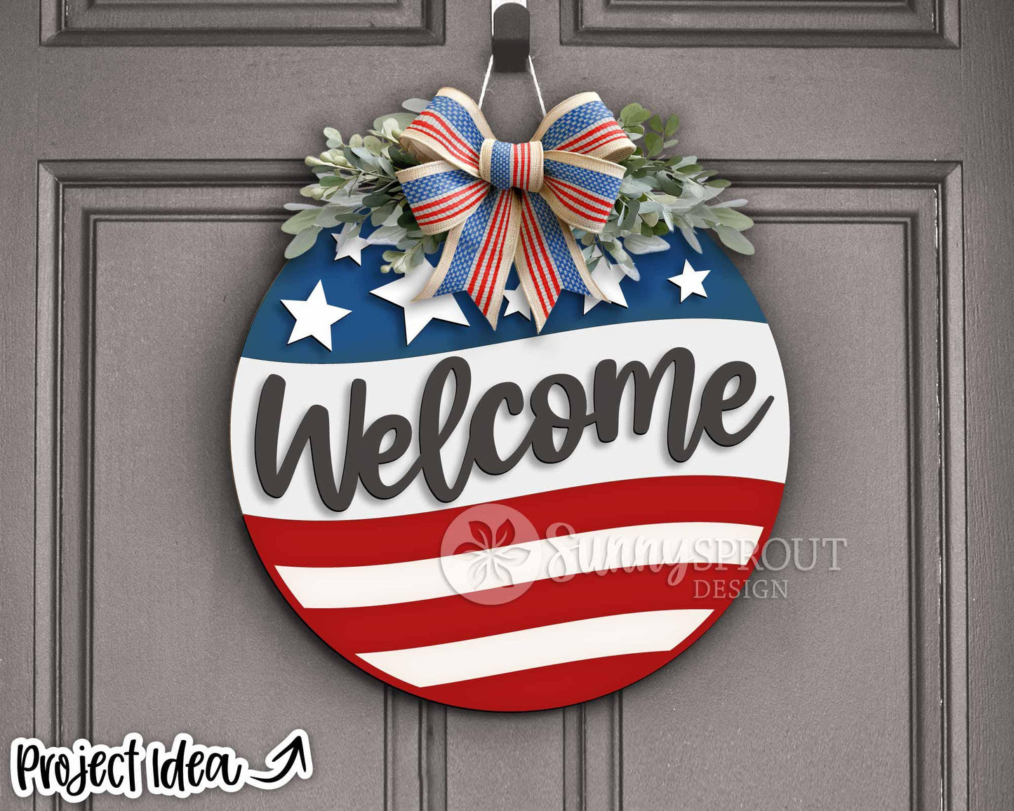Welcome American Flag Star Sign, SVG Laser Cut File, Cricut, Round Door Hanger Design, Patriotic 4th of July Decor