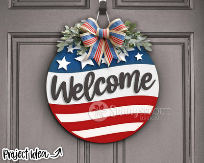 Welcome American Flag Star Sign, SVG Laser Cut File, Cricut, Round Door Hanger Design, Patriotic 4th of July Decor