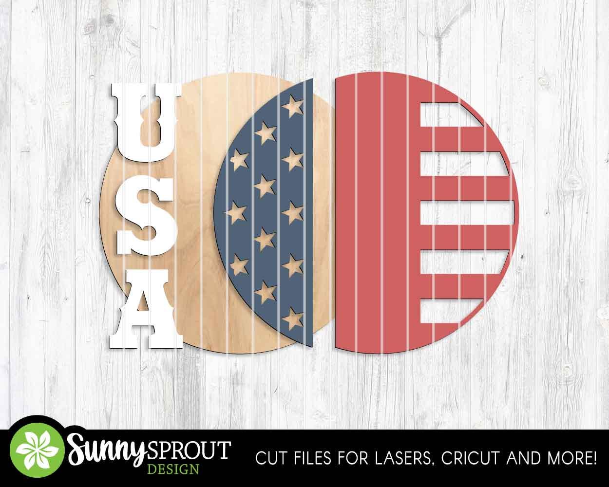 USA American Flag Sign, Digital Download, SVG Laser Cut File, Cricut, Round Welcome Door Hanger Design, Patriotic 4th of July Decor