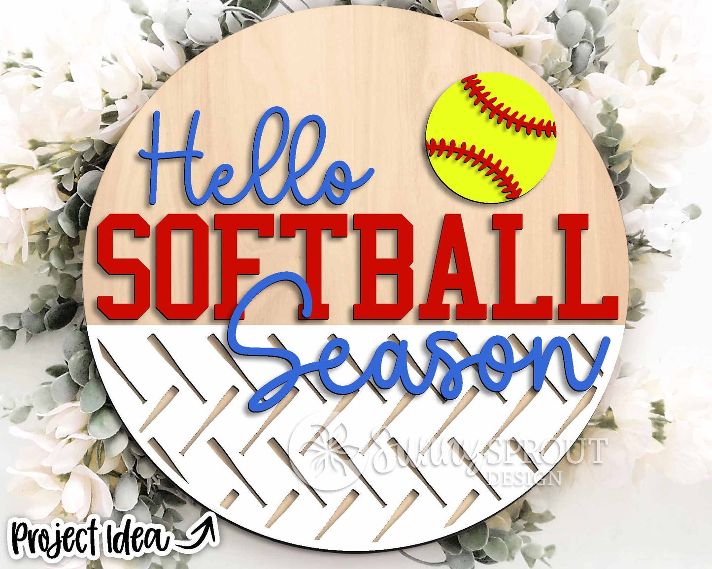 Hello Softball Season Sign, Digital Download, SVG Laser Cut File, Cricut, Round Door Hanger Design, Sports Decor