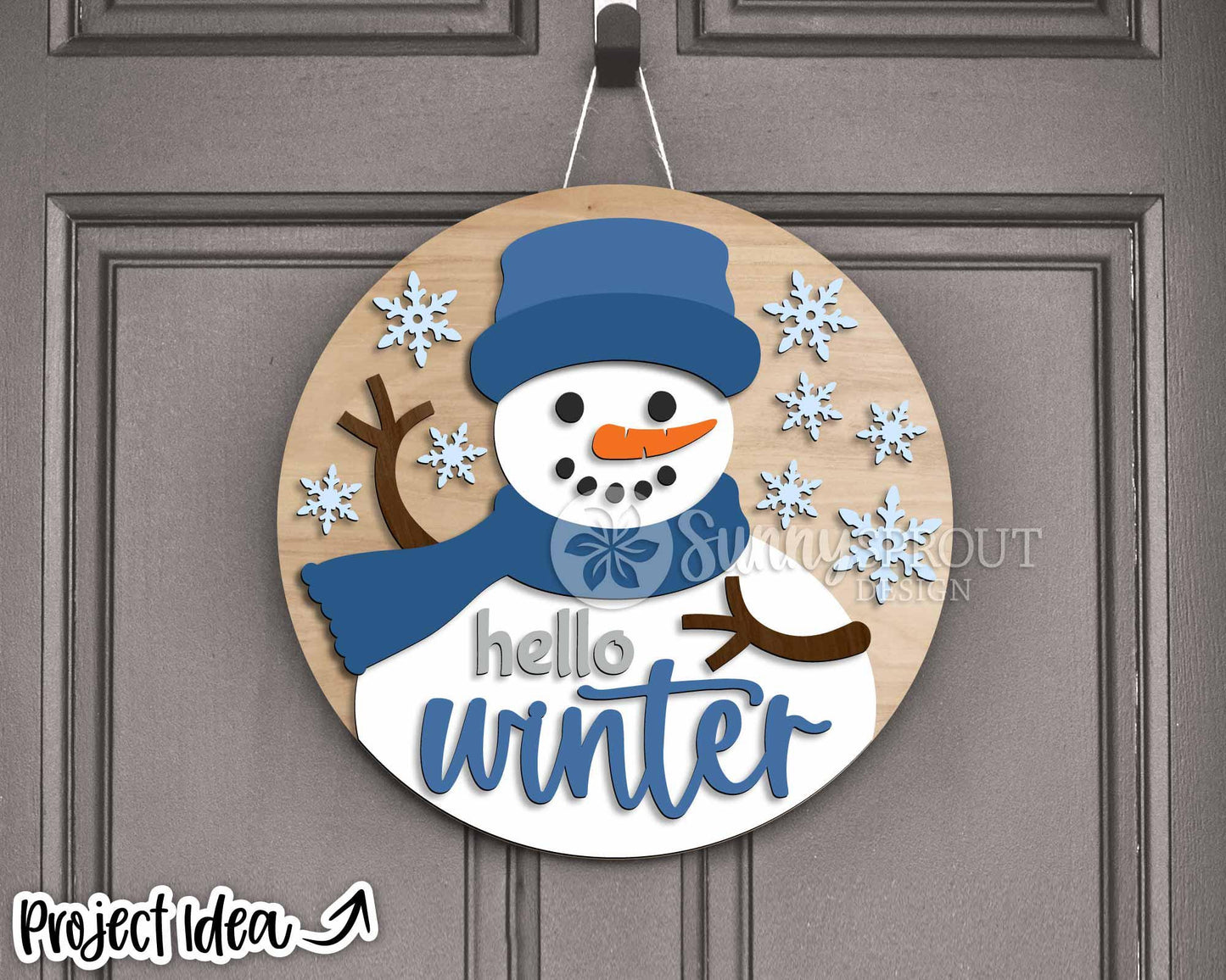 Hello Winter Snowman Sign, Round door hanger SVG, Glowforge laser cut file, Cricut, Winter decor svg, Welcome sign svg