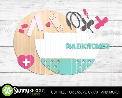 Phlebotomist Name Sign, Digital download, SVG Laser cut file, Cricut, Round door hanger design, Personalize nurse office decor