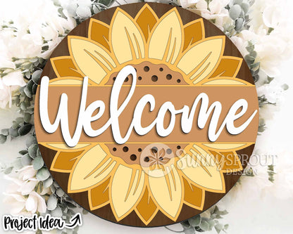 Welcome Split Sunflower Sign, Digital Download, SVG Laser Cut File, Cricut, Round Summer Fall Door Hanger Design