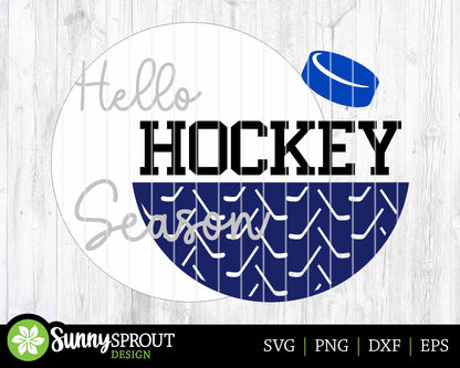 Hello Hockey Season Sign, Digital Download, SVG Laser Cut File, Cricut, Round Door Hanger Design, Sports Decor