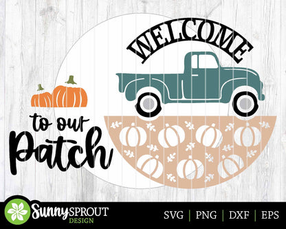 Welcome to our Patch Truck Sign, Digital Download, SVG Laser Cut File, Cricut, Round Fall Door Hanger Design, Farmhouse Decor