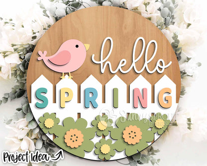 Hello Spring Bird Fence Flowers Sign, Digital download, SVG Laser cut file, Cricut, Round door hanger design