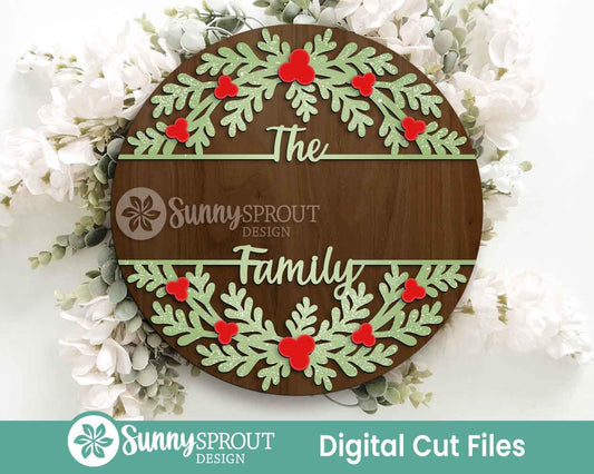 Holly Split Frame Family Name Monogram Sign, Digital Download, SVG Laser Cut File, Cricut, Round Door Hanger Design, Christmas Decor