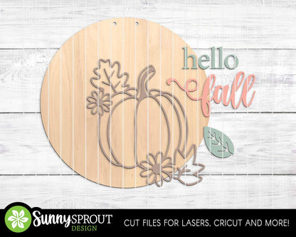 Hello Fall Outline Pumpkin and Leaves Sign, Digital Download, SVG Laser Cut File, Cricut, Round Fall Door Hanger Design