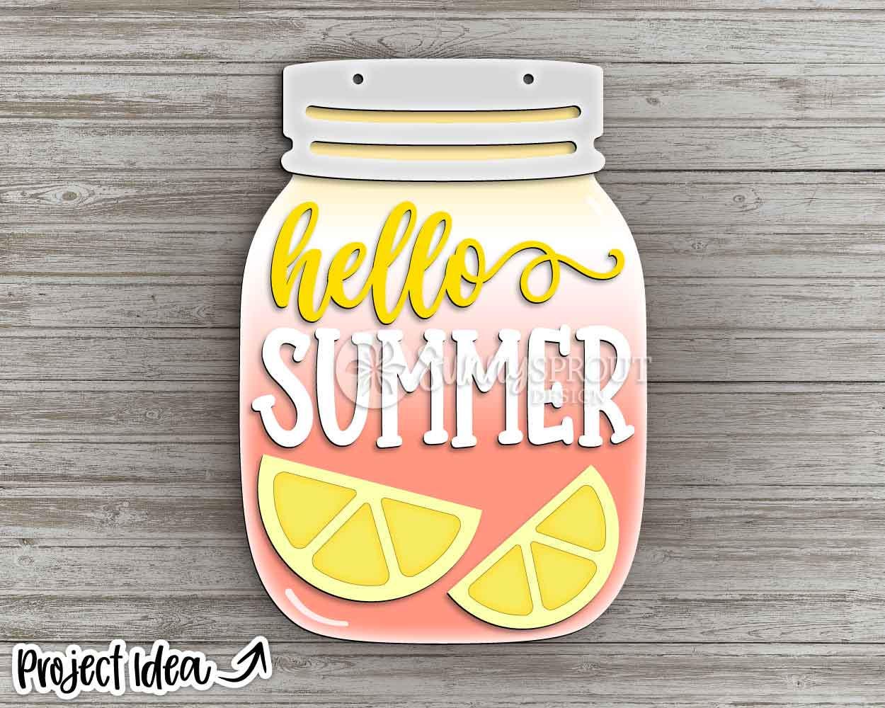 Hello Summer Mason Jar Lemonade Sign, Digital Download, SVG Laser Cut File, Cricut, Door Hanger Design