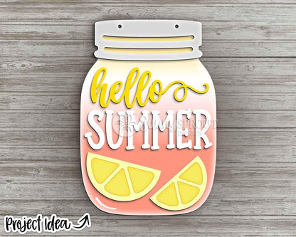 Hello Summer Mason Jar Lemonade Sign, Digital Download, SVG Laser Cut File, Cricut, Door Hanger Design
