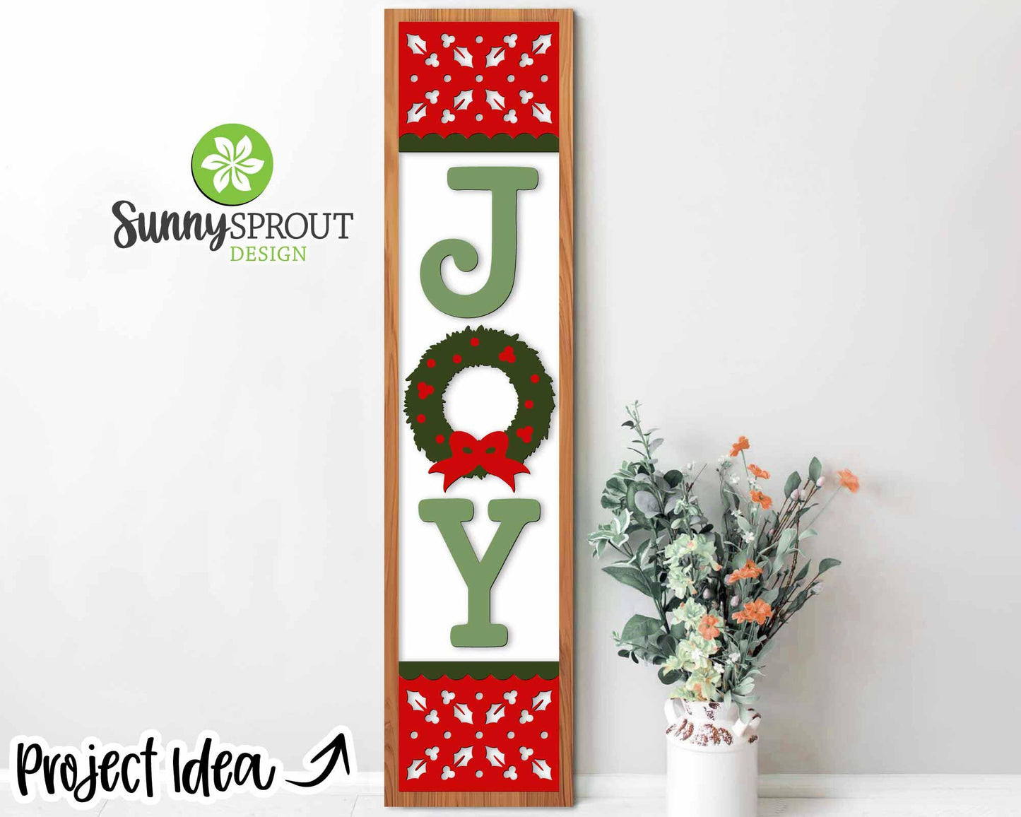 Joy Wreath Vertical Porch Sign, Digital download, SVG laser cut file, Cricut, Christmas welcome door leaner design