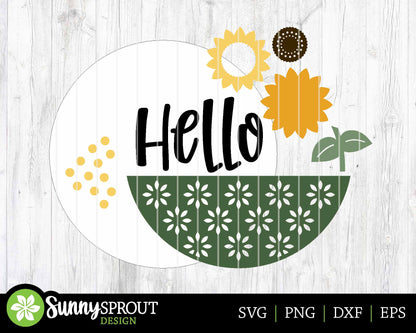 Hello Sunflower Pattern Sign, Digital Download, SVG Laser Cut File, Cricut, Summer Fall Round Door Hanger Design