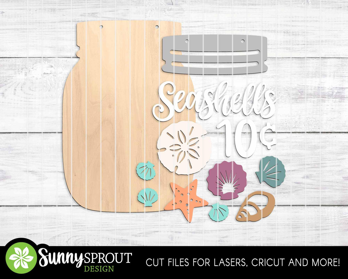 Seashells 10 Cents Mason Jar Sign, Digital download, SVG Laser cut file, Cricut, Door hanger wall art design, Beach coastal decor