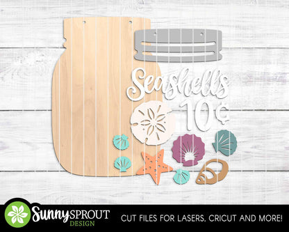 Seashells 10 Cents Mason Jar Sign, Digital download, SVG Laser cut file, Cricut, Door hanger wall art design, Beach coastal decor