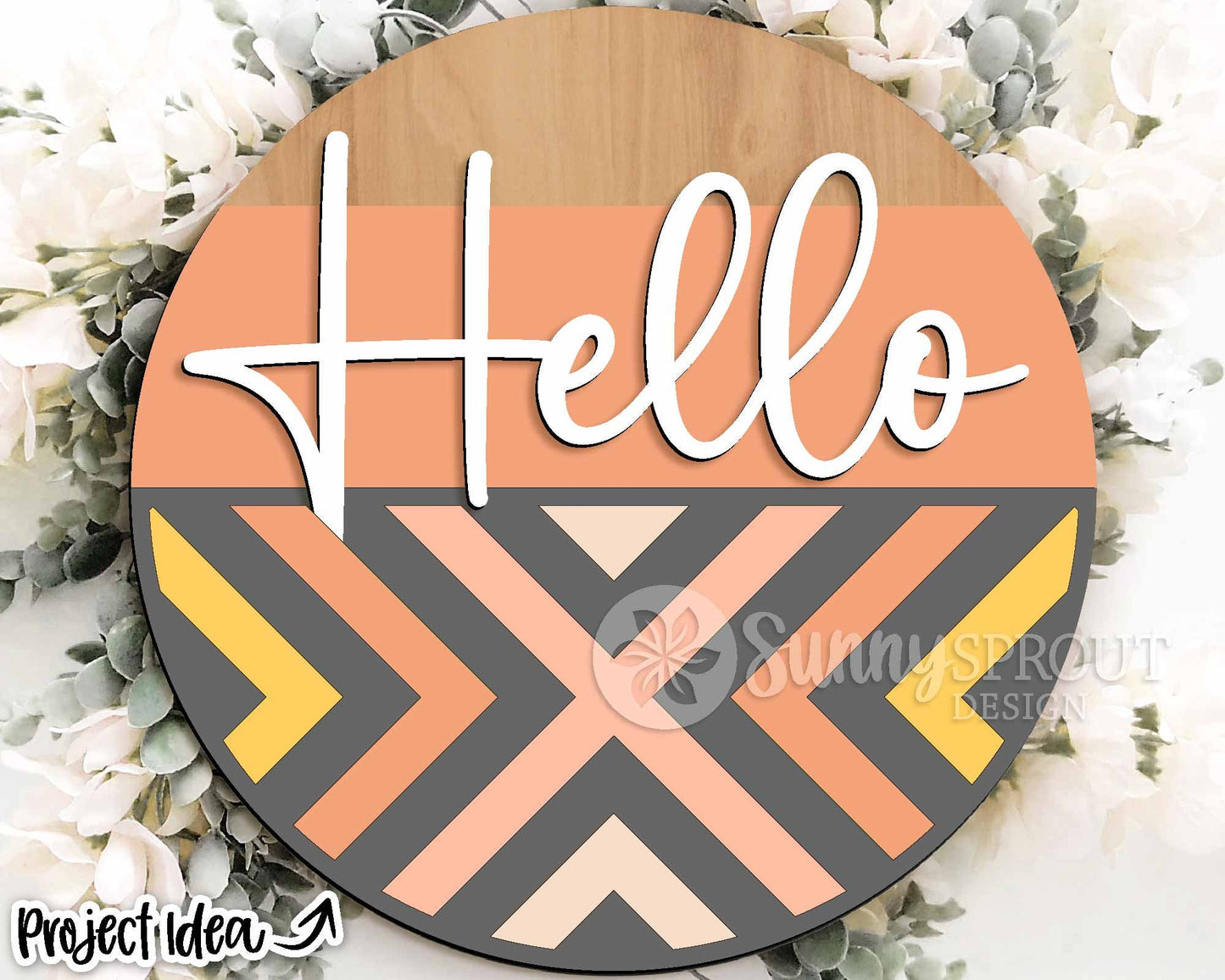 Hello Geometric Welcome Sign, Digital Download, SVG Laser Cut File, Cricut, Modern Round Door Hanger Design