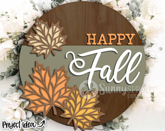 Happy Fall Maple Leaves Sign, Digital Download, SVG Laser Cut File, Cricut, Round Fall Door Hanger Design