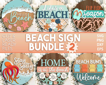 Beach Theme Sign Bundle 2, Round door hanger svg, Glowforge laser file, Cricut, Front door welcome sign, Ocean decor svg