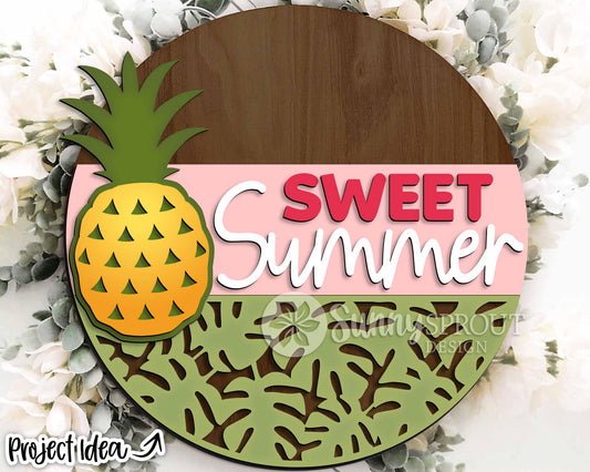 Sweet Summer Tropical Pineapple Sign, Digital Download, SVG Laser Cut File, Cricut, Round Door Hanger Design