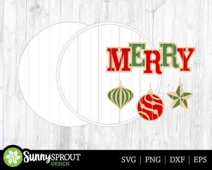 Merry Ornament Sign, Digital Download, SVG Laser Cut File, Cricut, Round Door Hanger Design, Christmas Decor