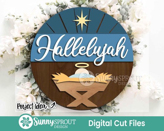 Hallelujah Baby Jesus Sign, Digital Download, SVG Laser Cut File, Cricut, Round Door Hanger Design, Christmas Nativity Decor